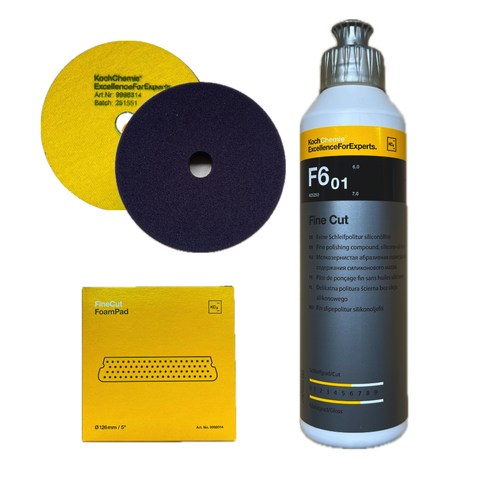Koch Chemie Polierset 6-teilig – Heavy Cut H9.02, Fine Cut F6.01, Micro Cut M3.02 (je 250 ml) + 3 Polierpads Ø 126 mm