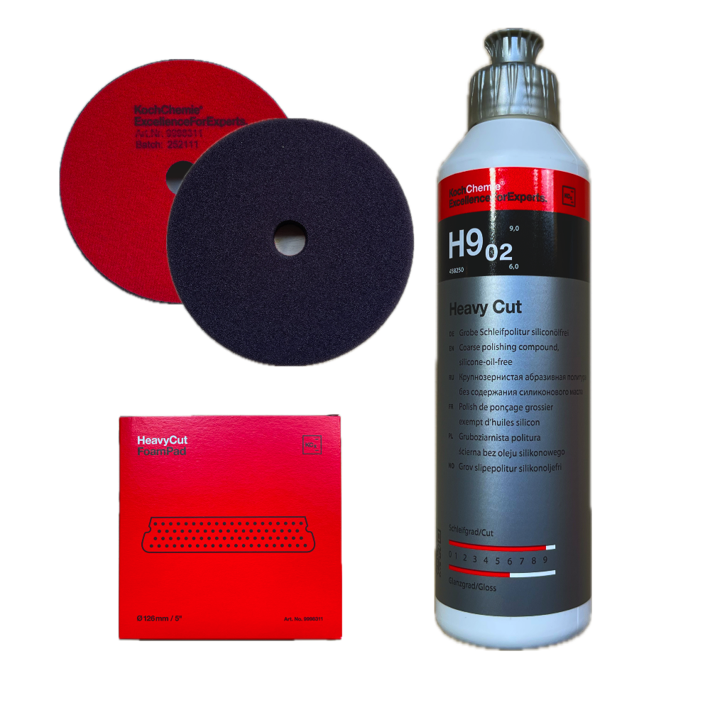Koch Chemie Polierset 6-teilig – Heavy Cut H9.02, Fine Cut F6.01, Micro Cut M3.02 (je 250 ml) + 3 Polierpads Ø 126 mm